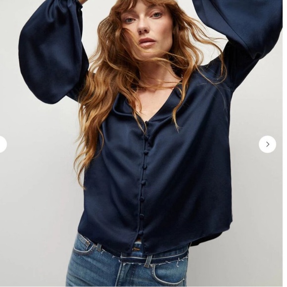 Veronica Beard Deep Navy Satin V-Neck Balloon Sleeve Blouse - Picture 2 of 3